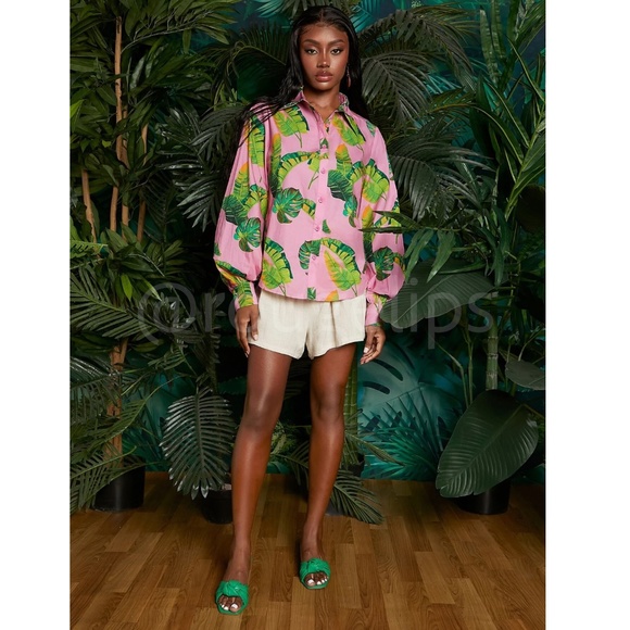 Cotton Leaf Tropical Print Pink Green Oversized Shirt Lantern Sleeve Button - Picture 3 of 10